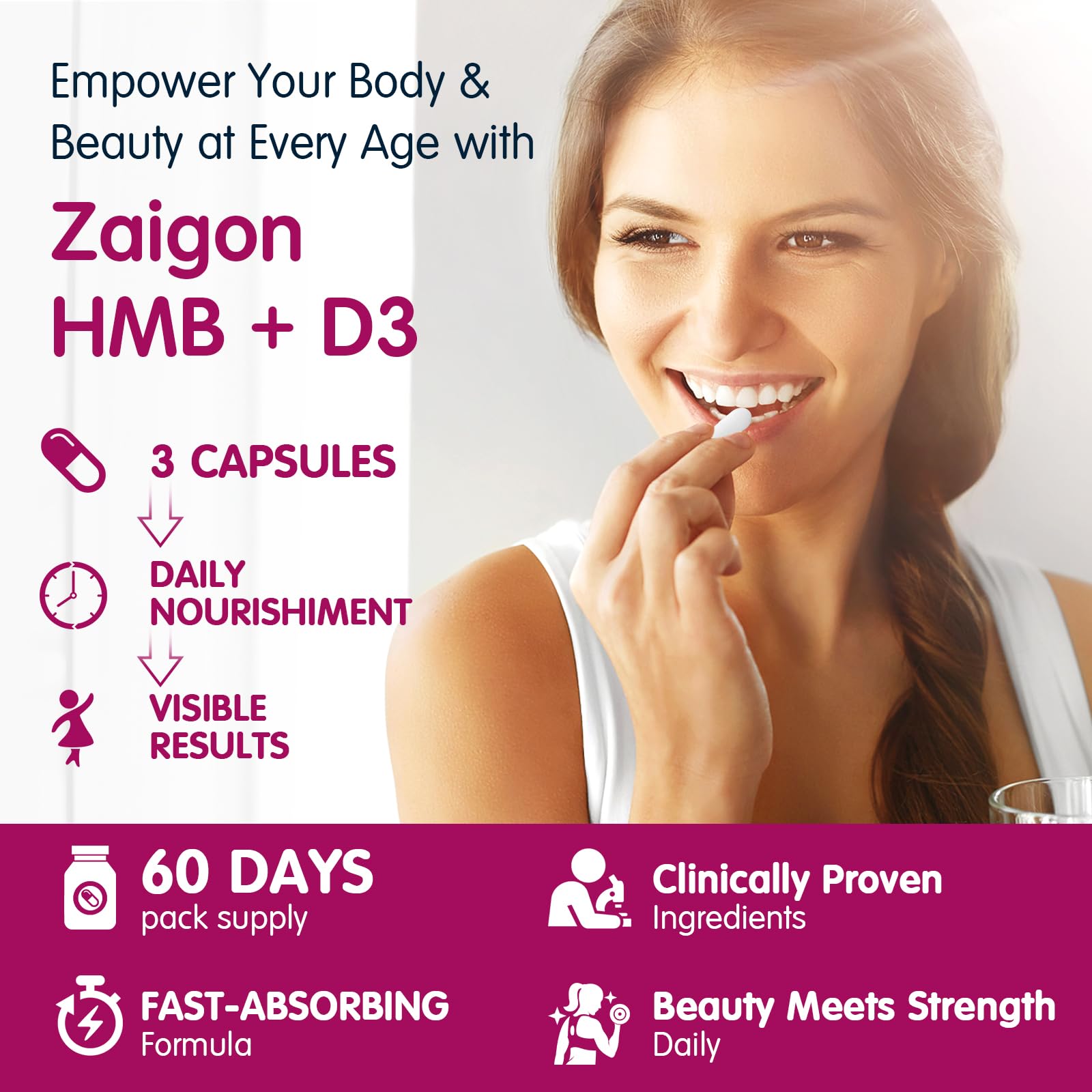 Zaigon HMB collagen and hyaluronic acid blend hints at skin hydration potential.