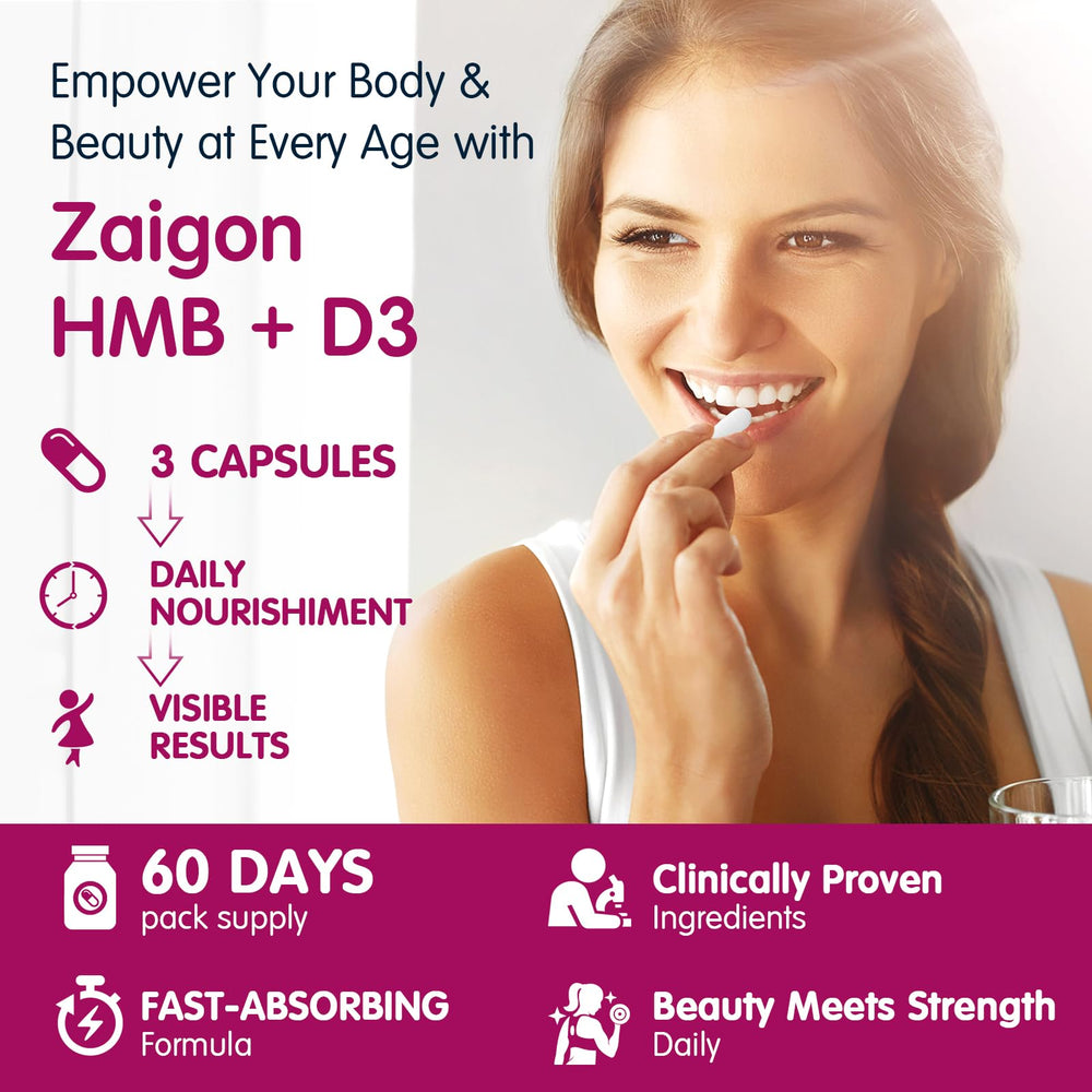 Zaigon HMB collagen and hyaluronic acid blend hints at skin hydration potential.