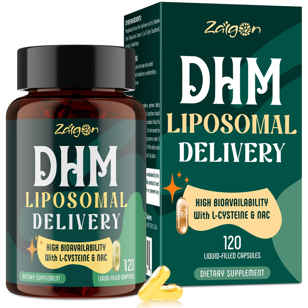 Zaigon liposomal DHM capsules bottle ready for post-drinking recovery and support.