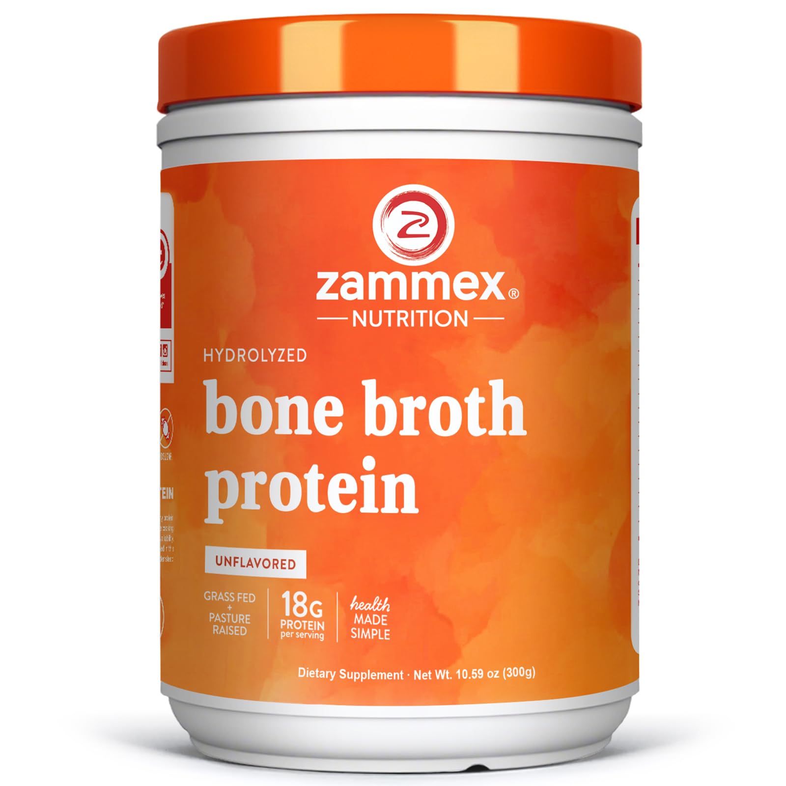 Zammex bone broth powder in a jar; premium protein for shakes and recipes.