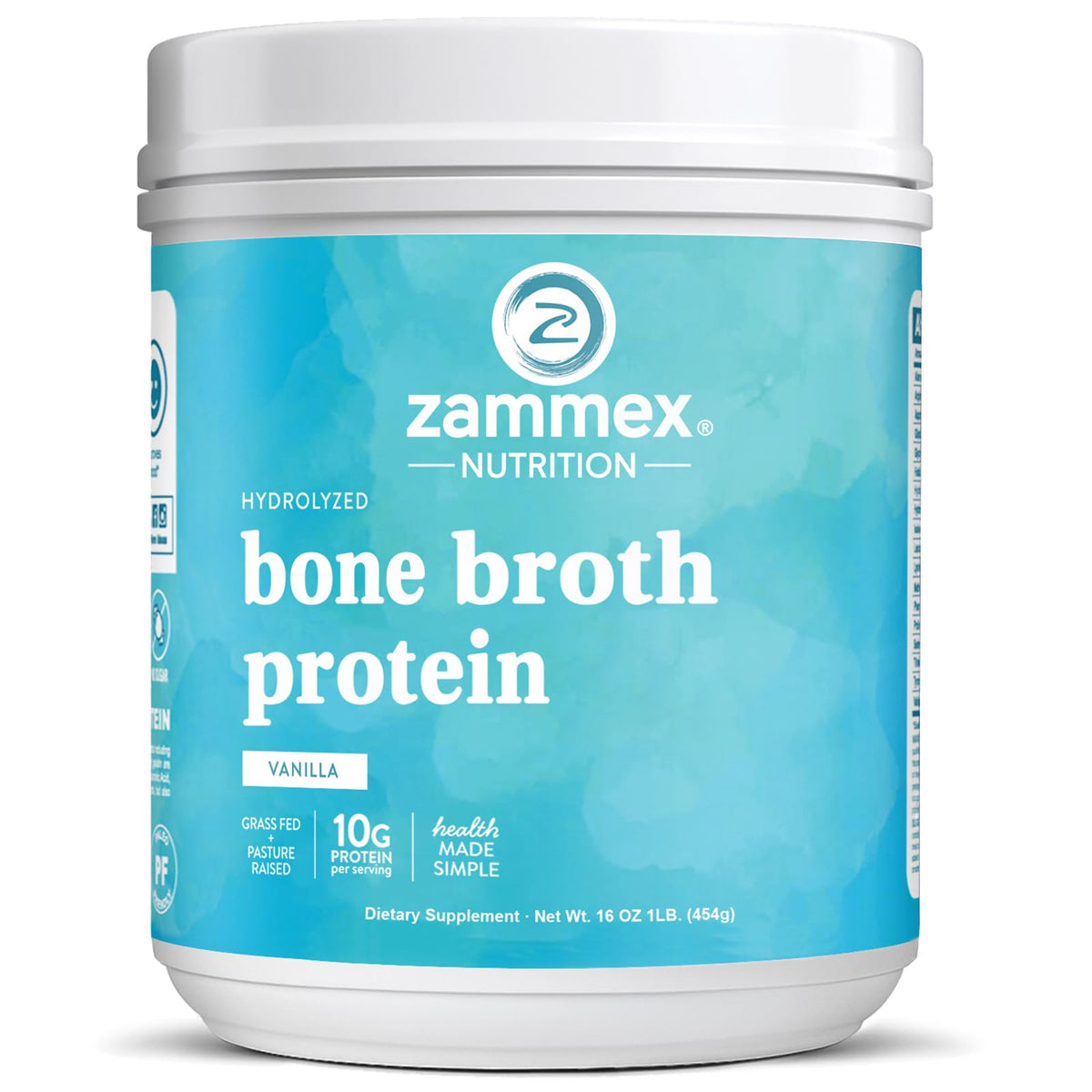 Zammex bone broth protein powder vanilla tub for creamy shakes.