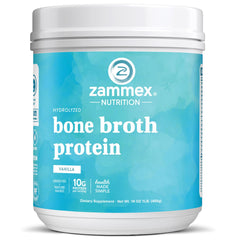 Zammex bone broth protein powder vanilla tub for creamy shakes.