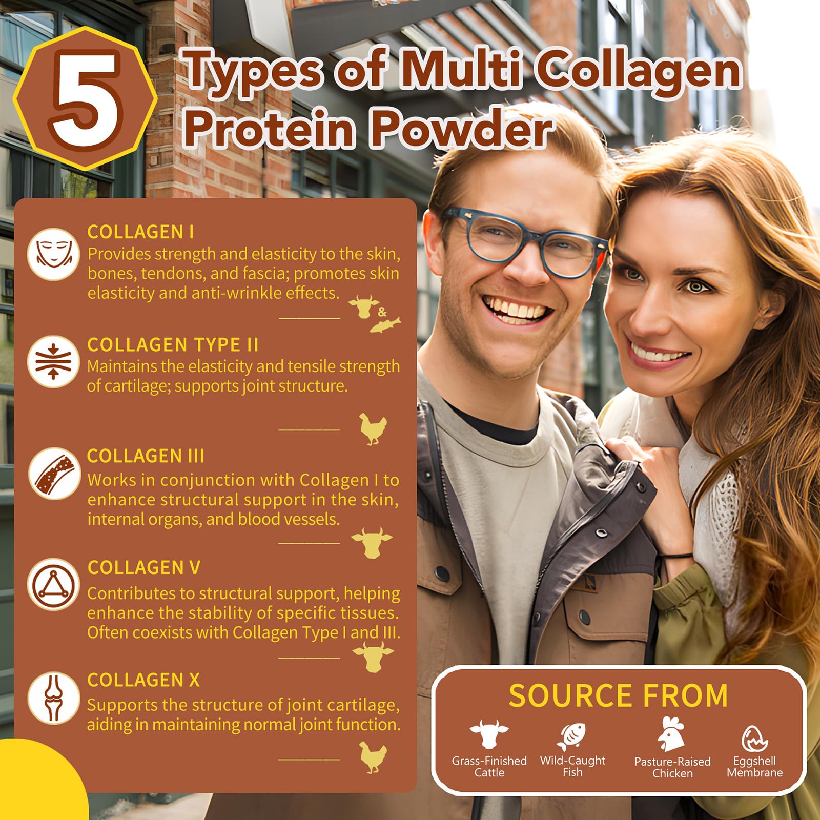 Zammex collagen types graphic showing Type I–X benefits for joints and skin.