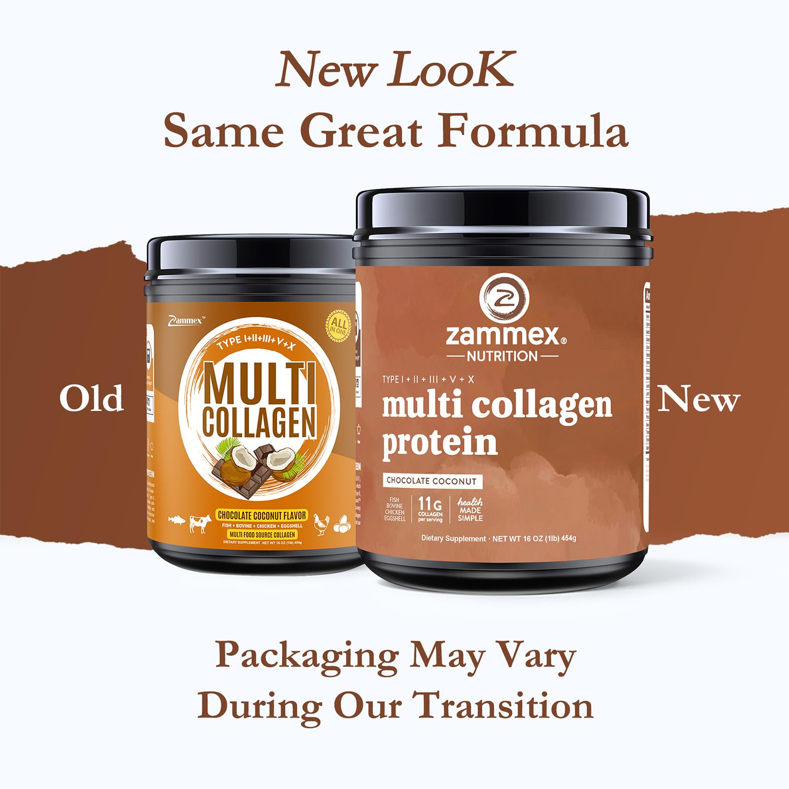 Zammex Multi Collagen bottle with scoop, chocolate flavor, ideal for daily beauty routine.