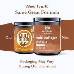 Zammex Multi Collagen bottle with scoop, chocolate flavor, ideal for daily beauty routine.