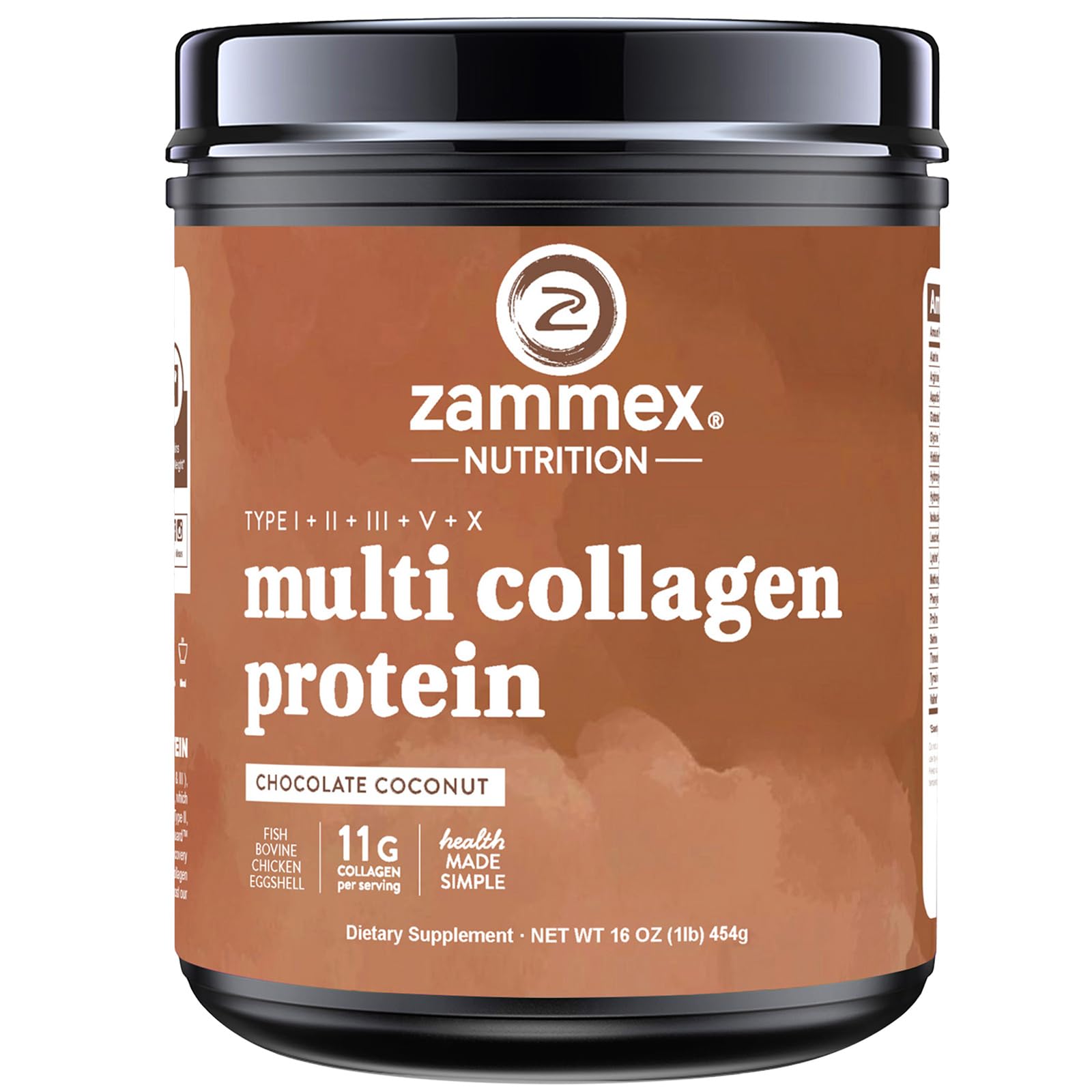 Zammex Multi Collagen powder with scoop, chocolate flavor, ready to mix for skin and hair support.