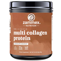 Zammex Multi Collagen powder with scoop, chocolate flavor, ready to mix for skin and hair support.