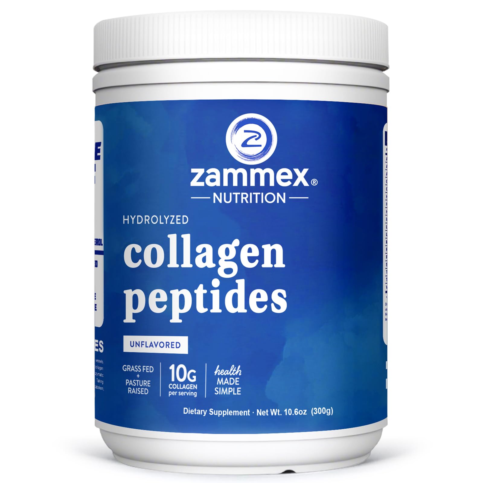 Zammex premium collagen peptides powder bottle supports daily hair, skin, and nail care.