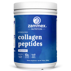 Zammex premium collagen peptides powder bottle supports daily hair, skin, and nail care.