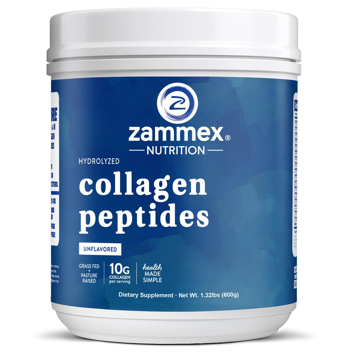 Zammex Premium Collagen Peptides Unflavored tub on kitchen shelf, supports healthy hair and skin.