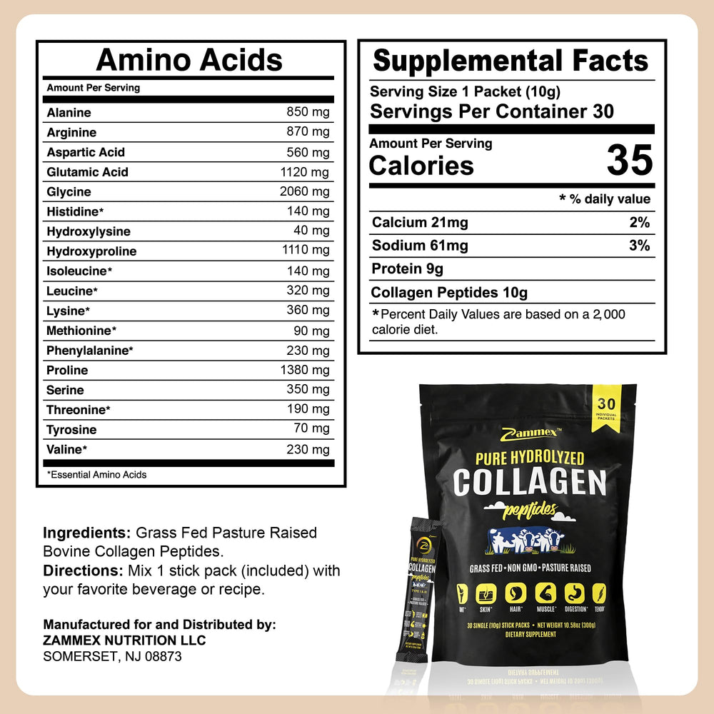 Zammex unflavored collagen packets ready to blend into beverages