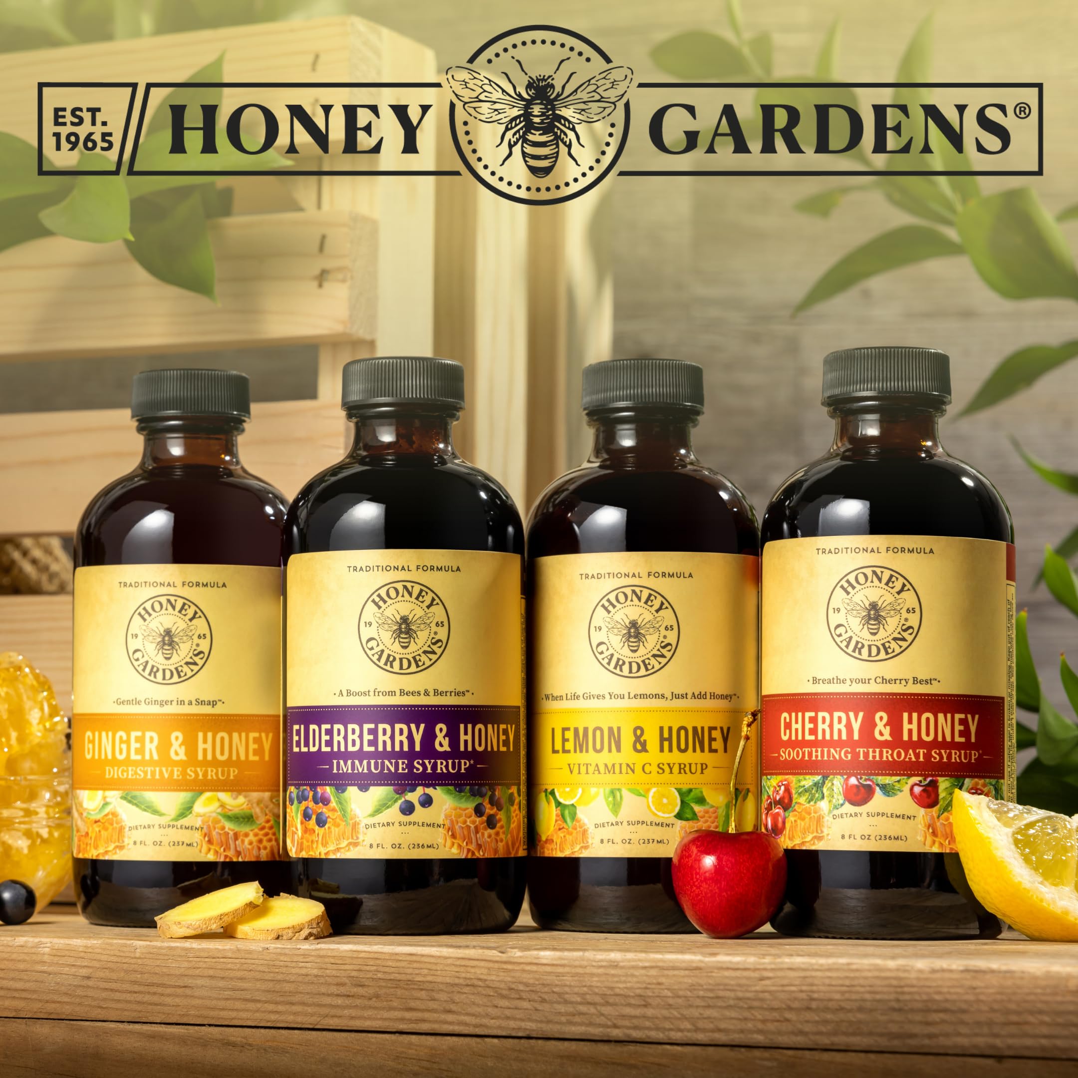 Spoon serving of ZAND Honey Gardens Elderberry Syrup beside bottle