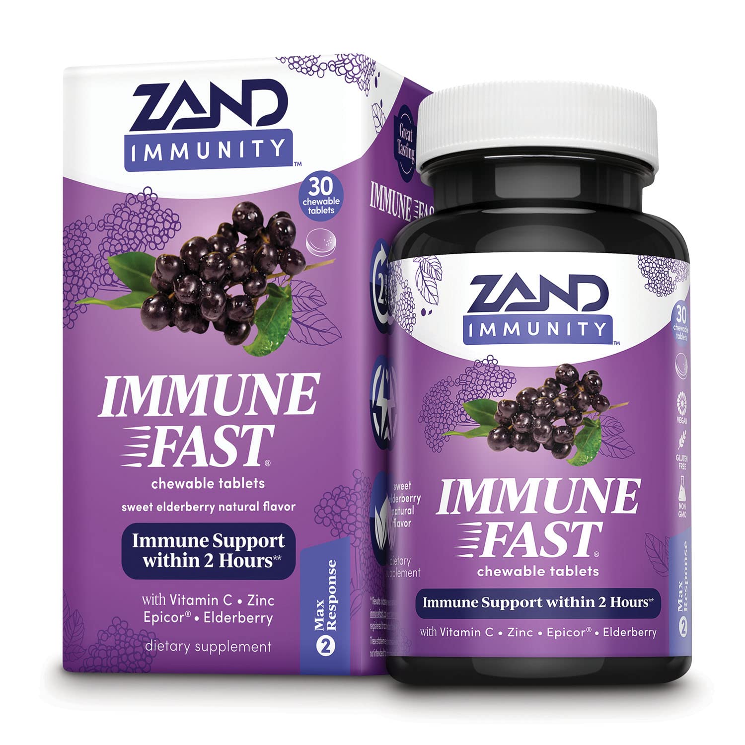 ZAND Immune Fast front label highlighting vegan, non-GMO formula.