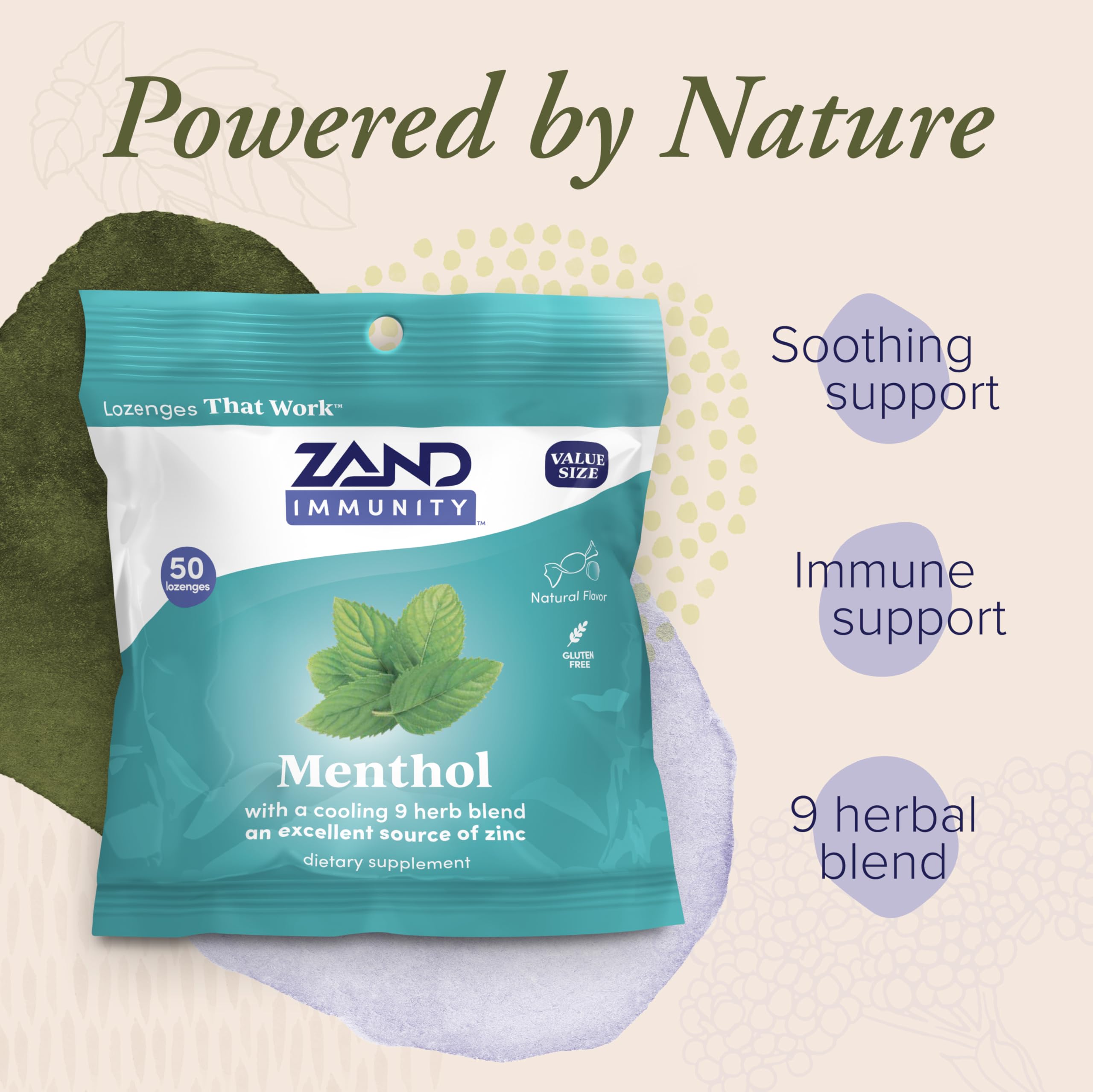 ZAND Immunity Menthol Lozenges label highlights zinc 5 mg and nine herbs.