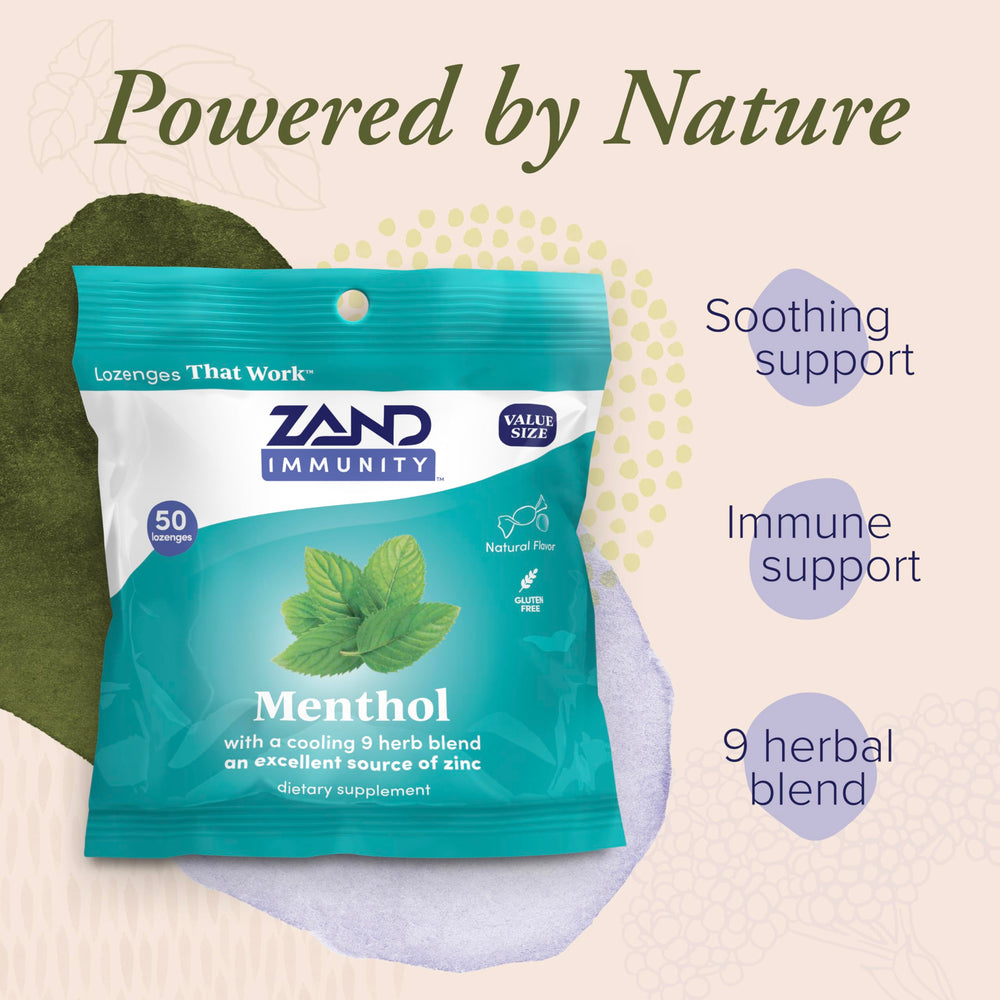 ZAND Immunity Menthol Lozenges label highlights zinc 5 mg and nine herbs.