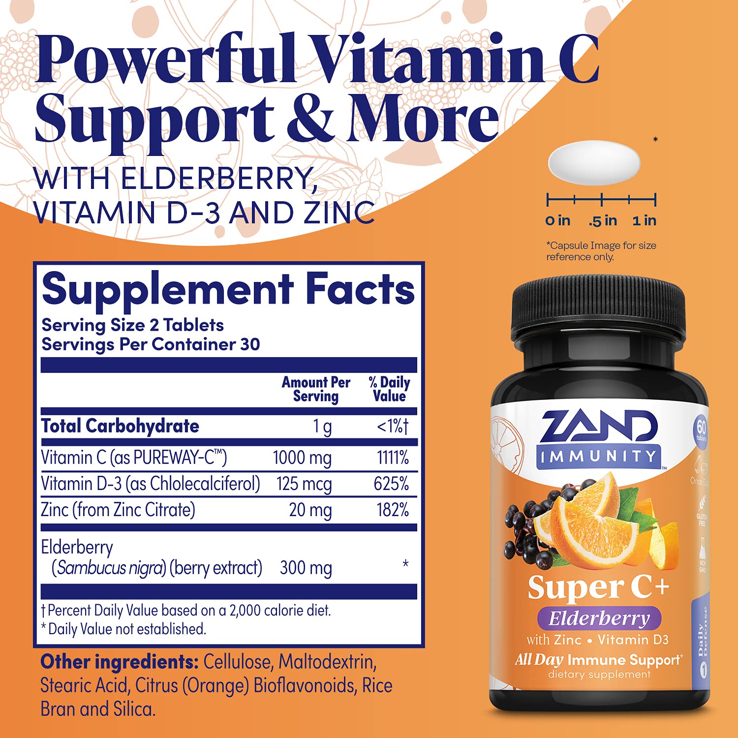 Zand Immunity Super C+ bottle side with label highlighting vitamin C and elderberry