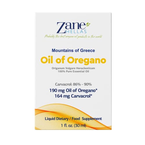 Close-up of Zane Hellas oregano oil showing carvacrol content 164 mg per serving