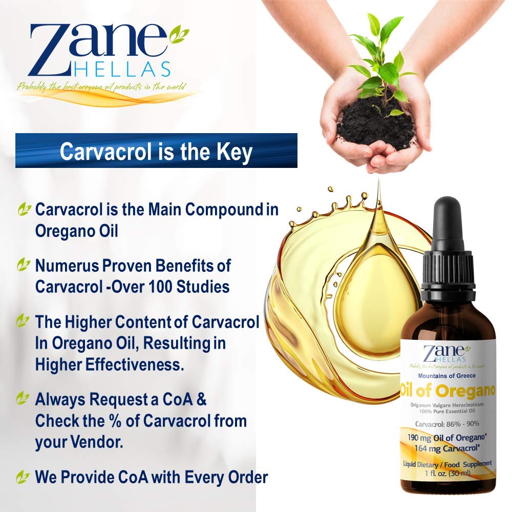 Dropper cap and bottle of Zane Hellas oregano oil in focus