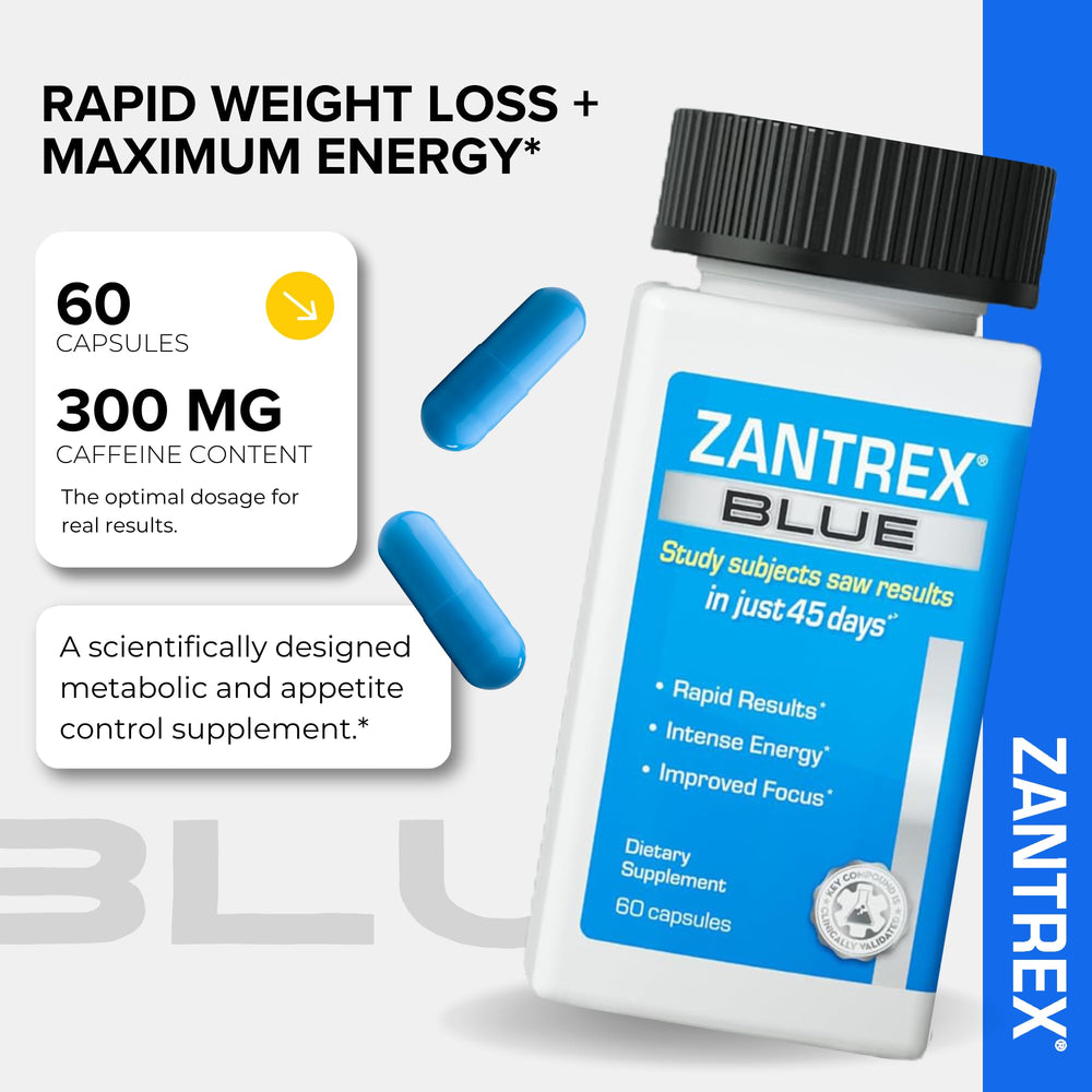 Close-up of Zantrex Blue capsules, convenient daily capsules for easy dosing.