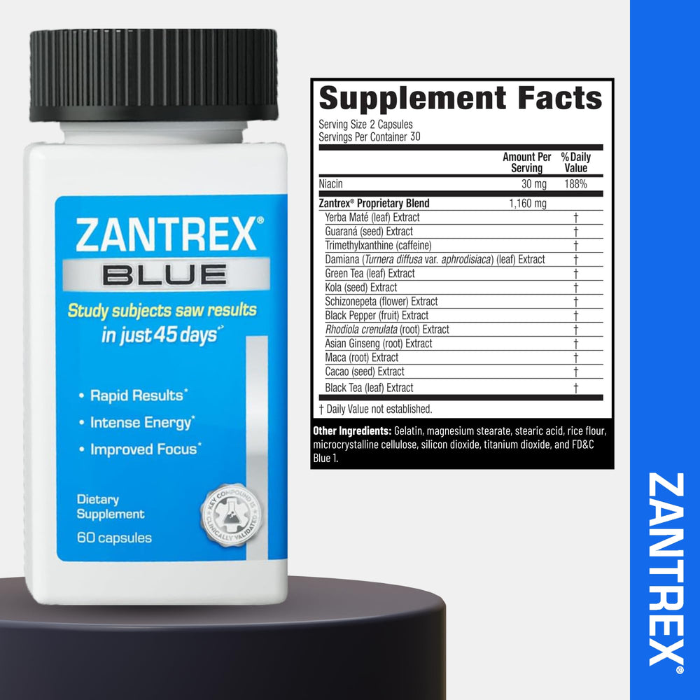 Zantrex Blue travel-pack bottle for on-the-go energy and focus.