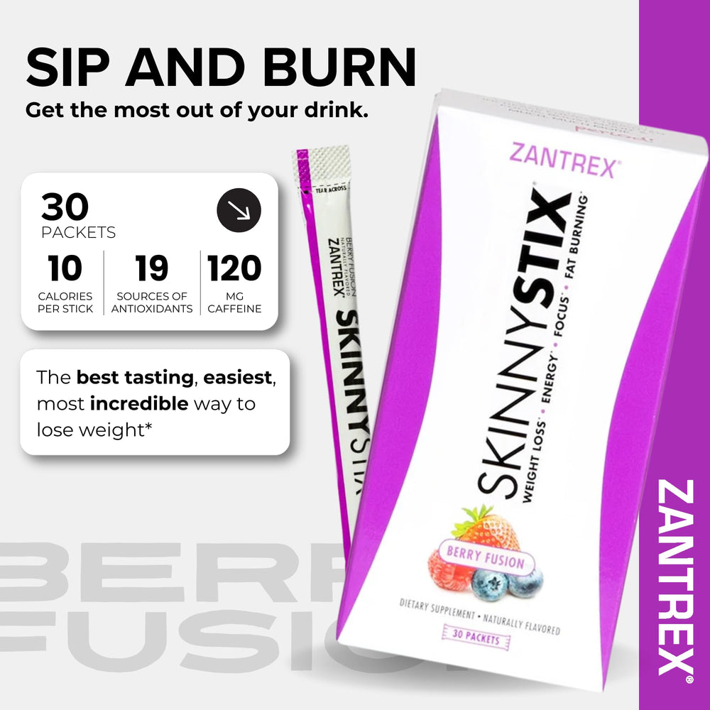 Close-up of Berry SkinnyStix sachets highlighting flavor and a light, 10-calorie serving.