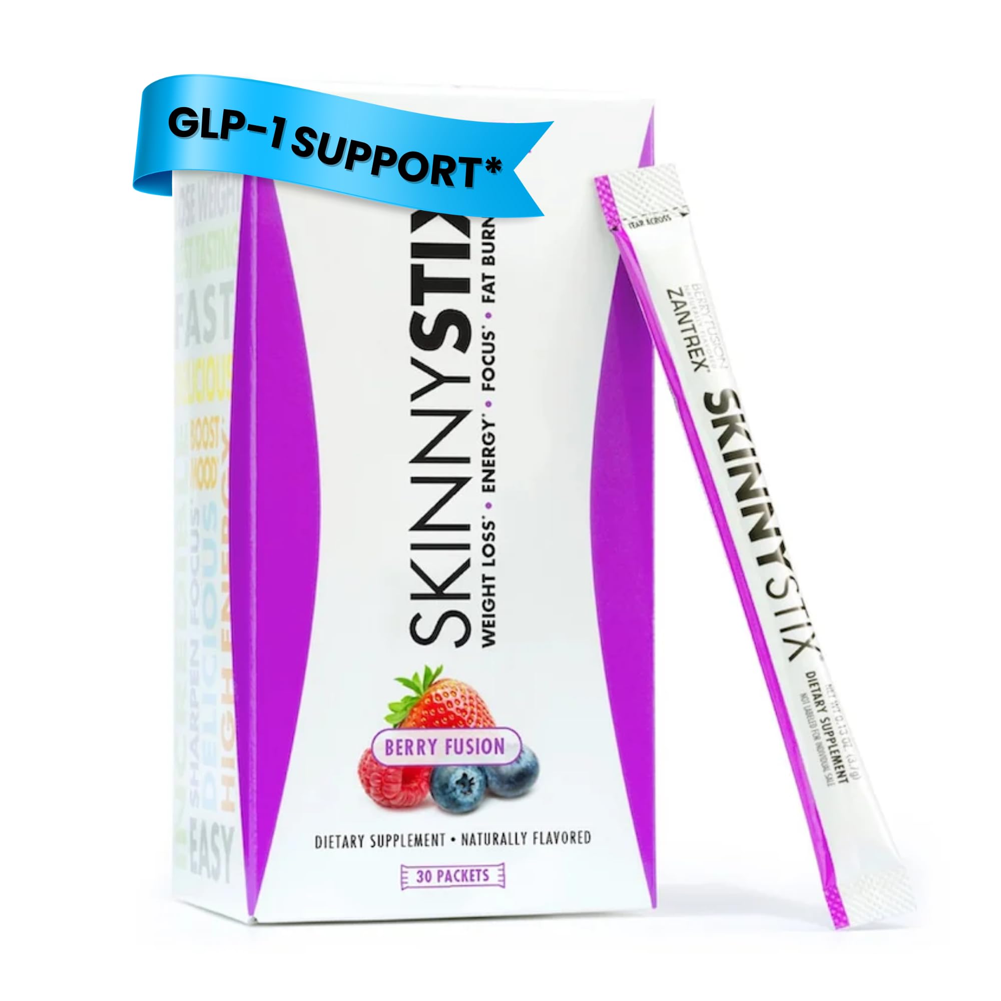 Zantrex SkinnyStix Berry packaging shown for convenient weight management on the go.