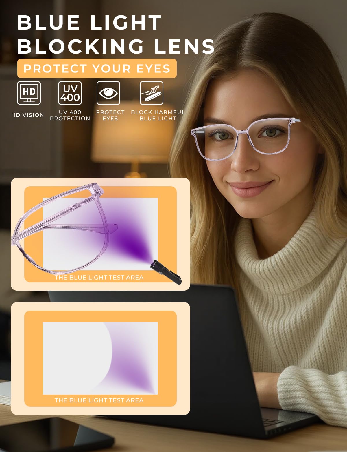 ZanyLen Vintage blue light-glasses lens detail clear lenses with UV400 protection.