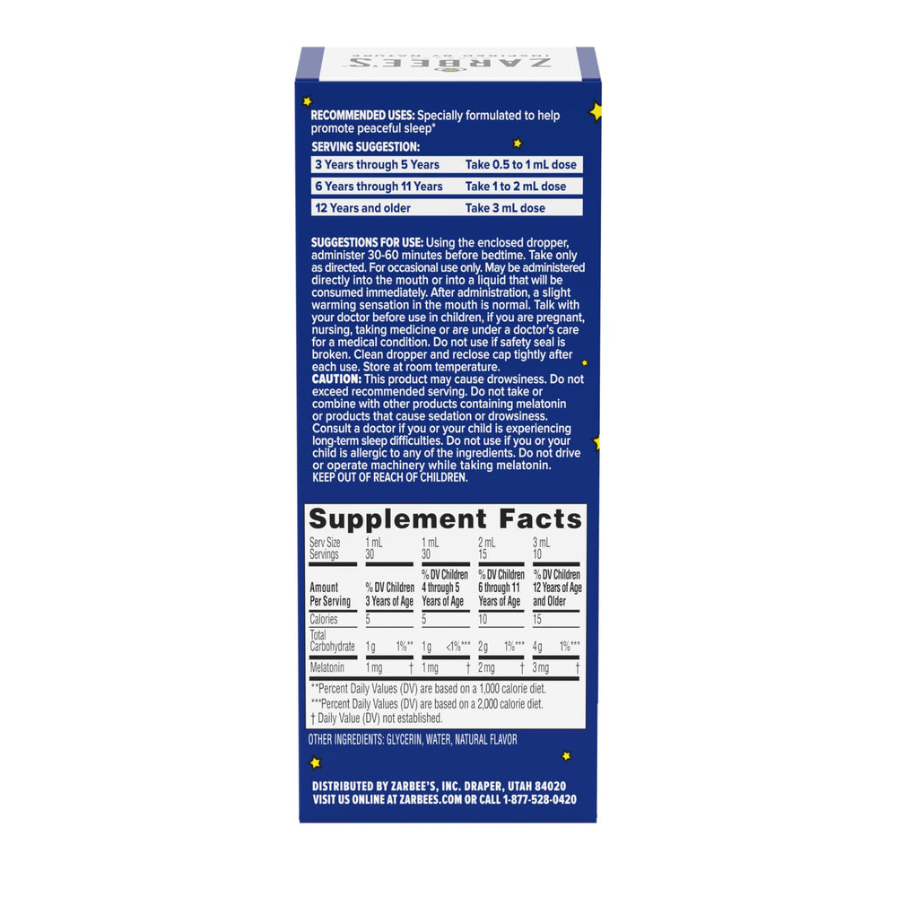 Zarbee's Kids Melatonin Liquid on a nightstand ready for bedtime use.