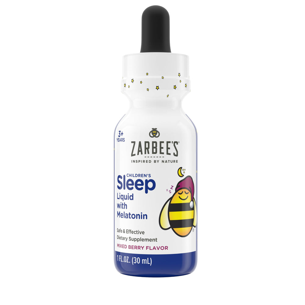 Zarbee's Kids Melatonin Liquid back label with dosing information for bedtime routines.