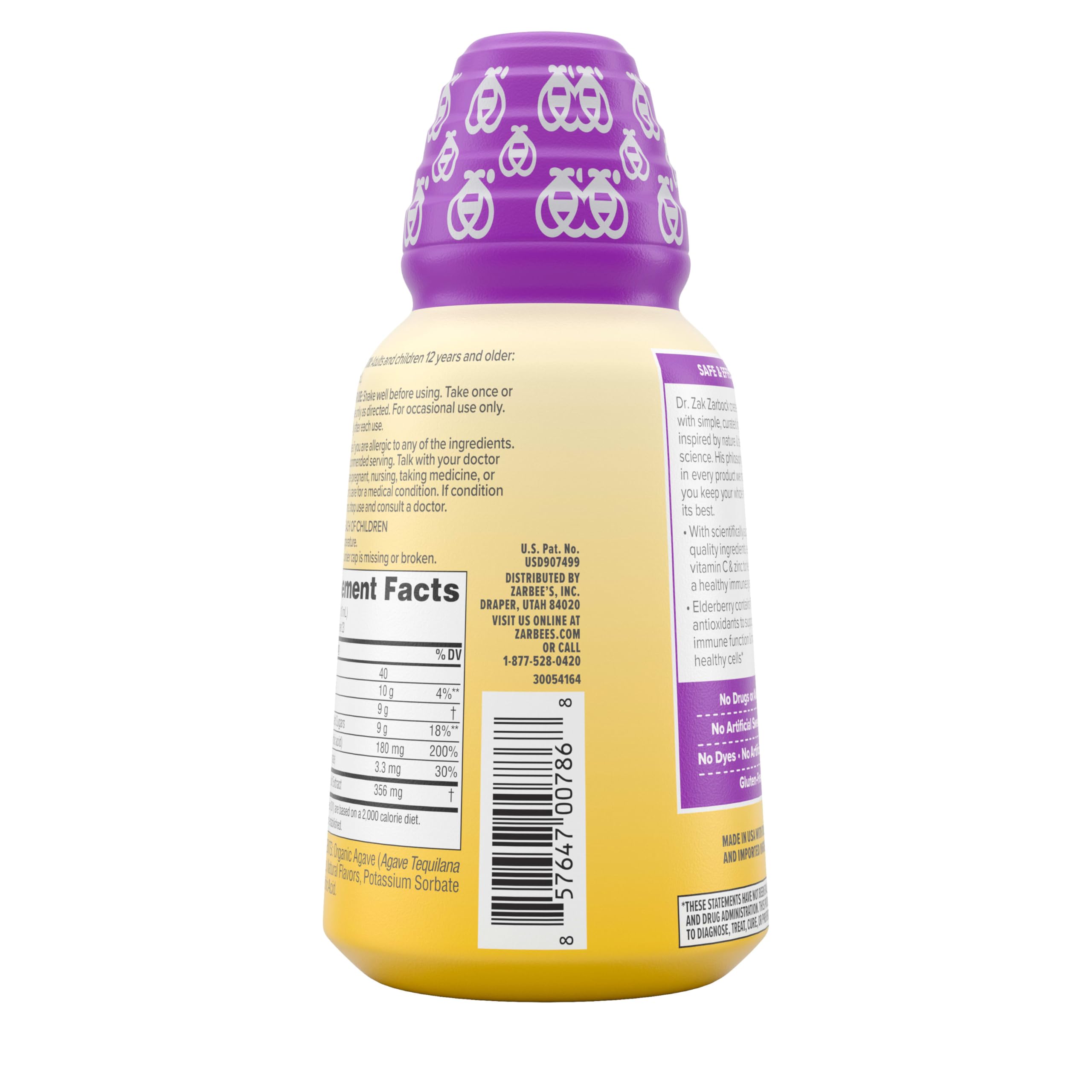 Vitamin C and zinc focus for immune health support in Zarbee's syrup.