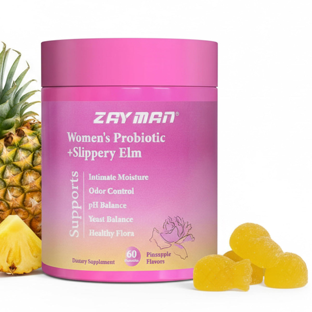 ZAYMAN Her Juicy gummies pineapple bottle promotes daily balance.