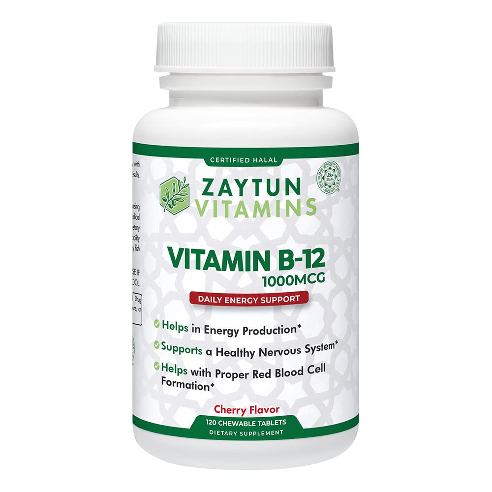 Zaytun B12 chewable bottle front showing the cherry flavor and packaging