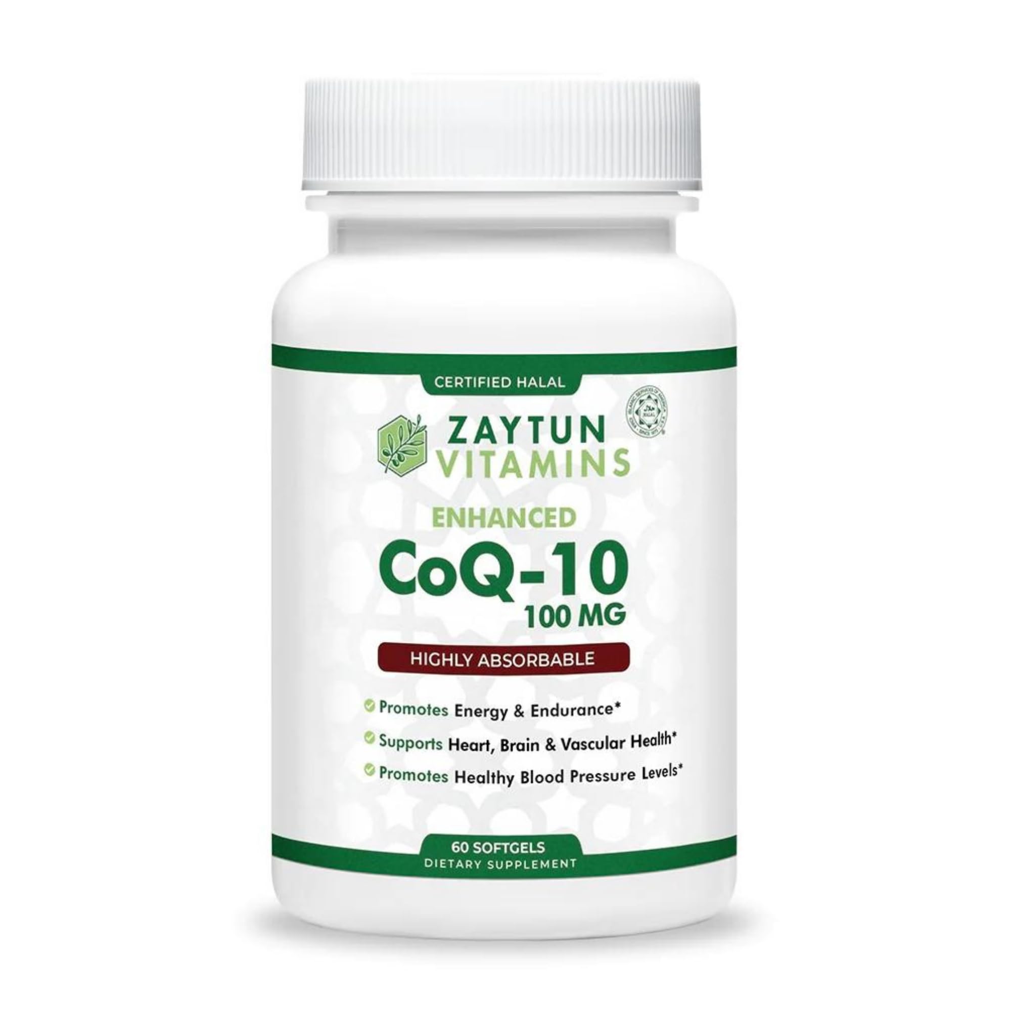 Zaytun Halal CoQ10 bottle pour demonstrates easy daily dosing for energy.