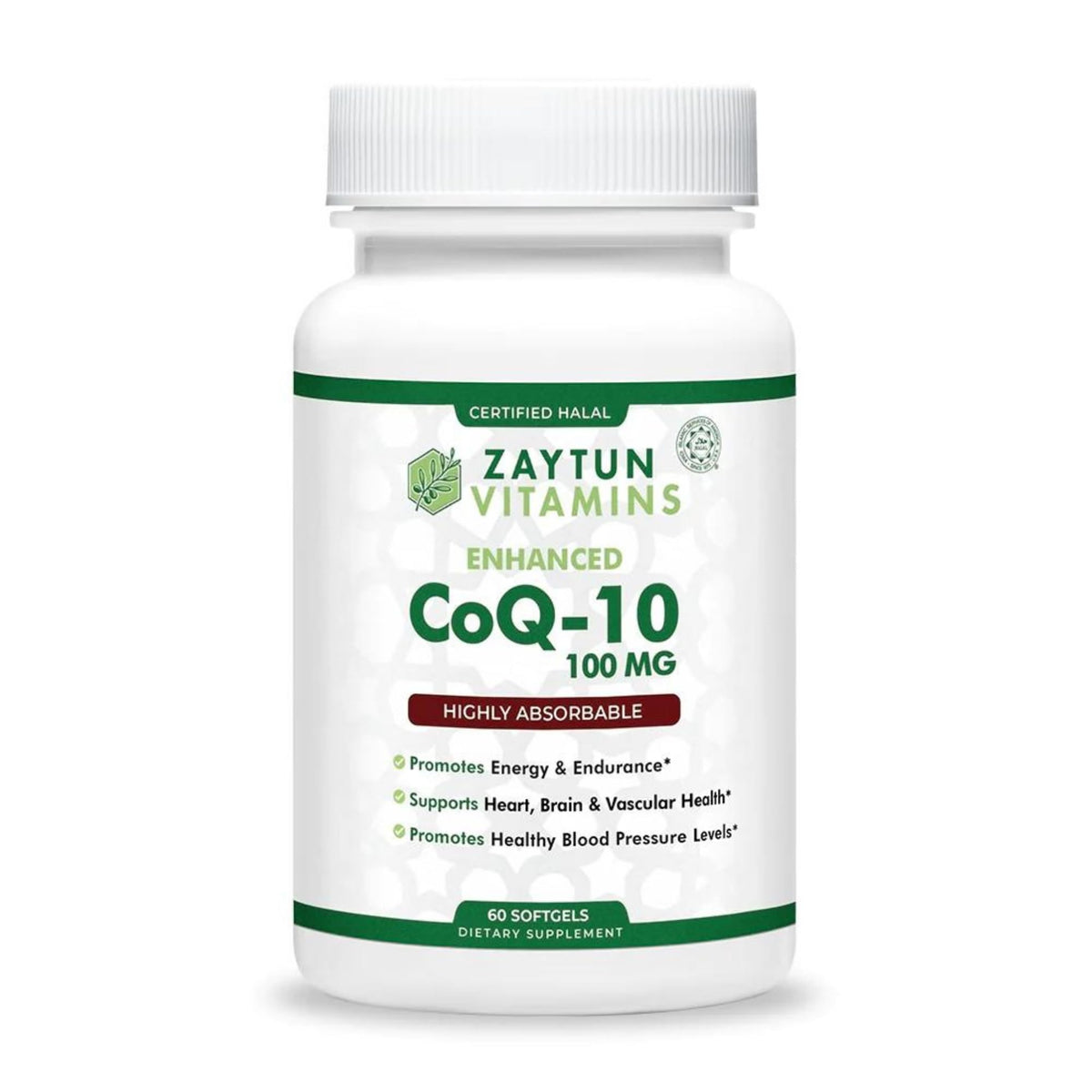Zaytun Halal CoQ10 bottle pour demonstrates easy daily dosing for energy.
