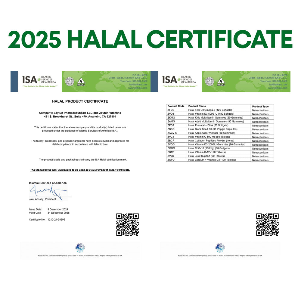 Zaytun Vitamins Halal certification by Islamic Services of America