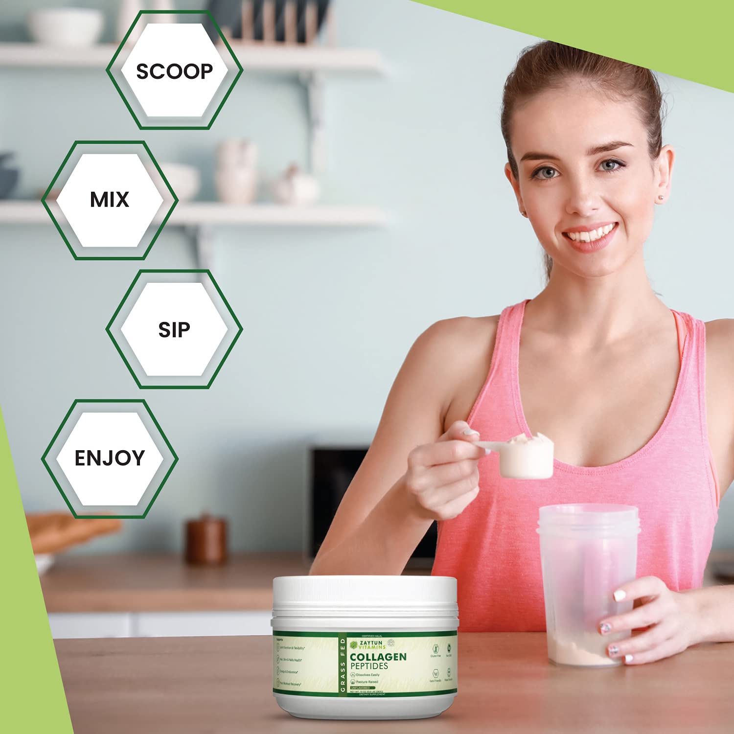 Zaytun Vitamins no-fillers powder, purity-first collagen formula.