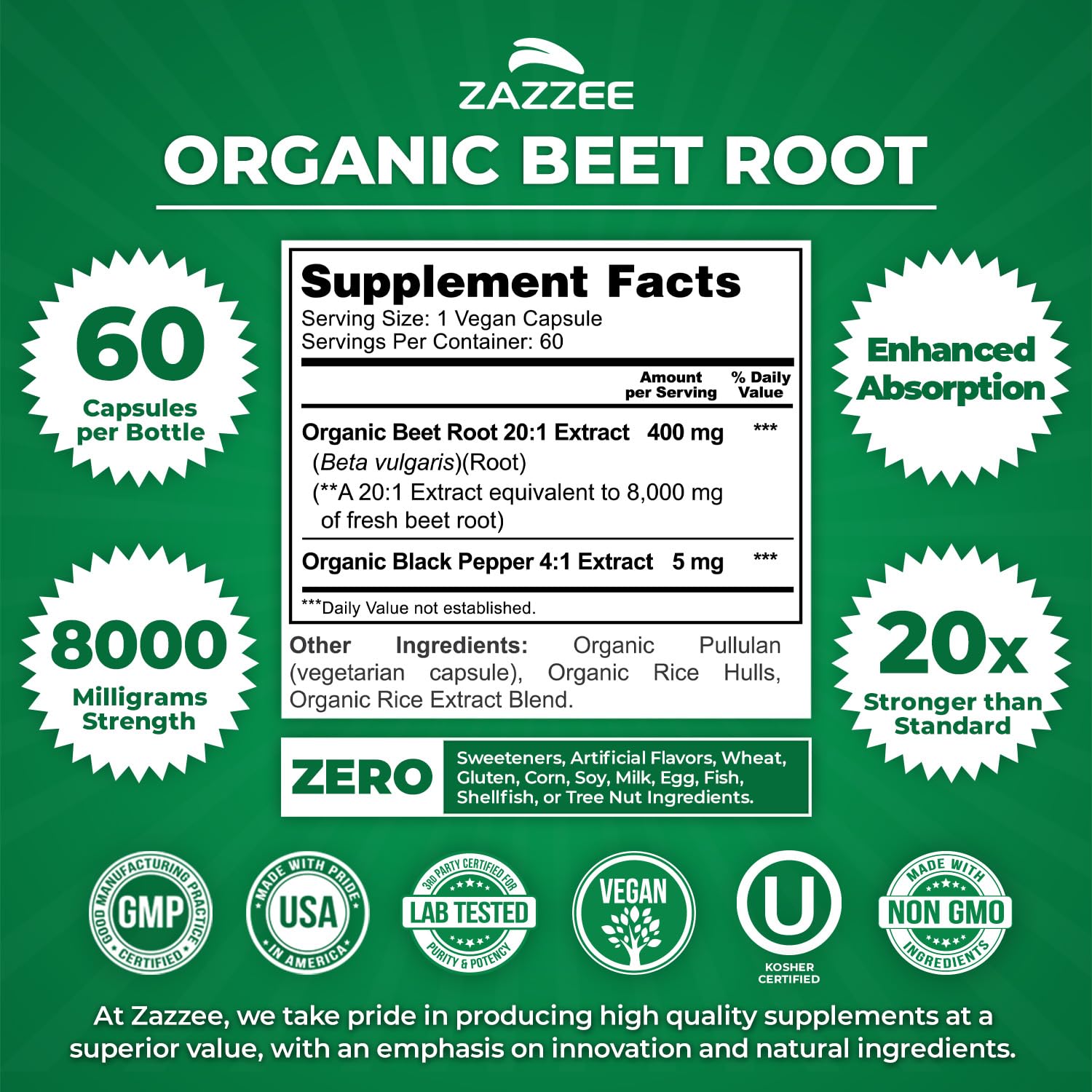 Zazzee Beet Root 20:1 extract capsules emphasize concentrated formula