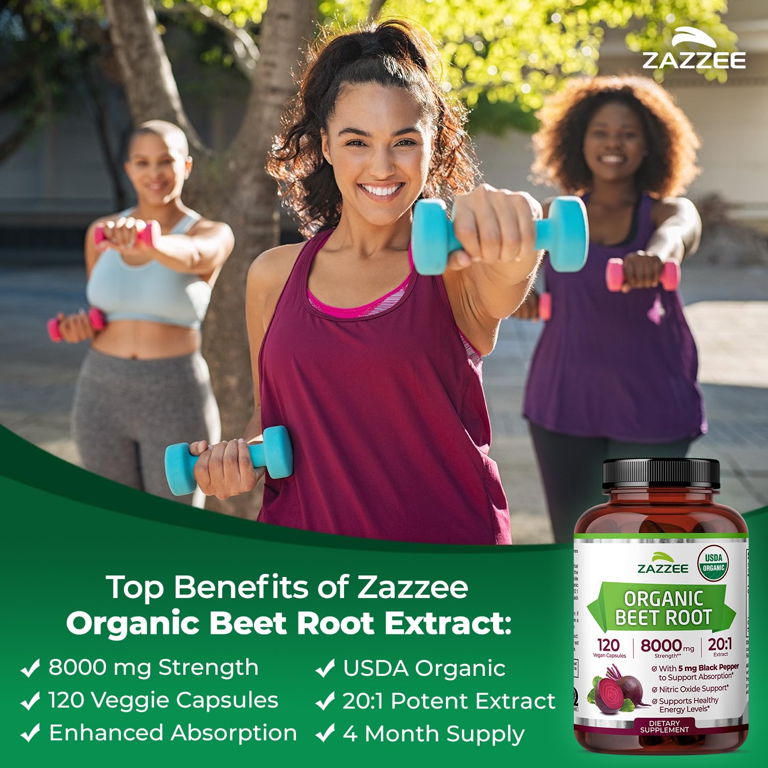 Close-up of Zazzee beet root extract 20:1 capsules.
