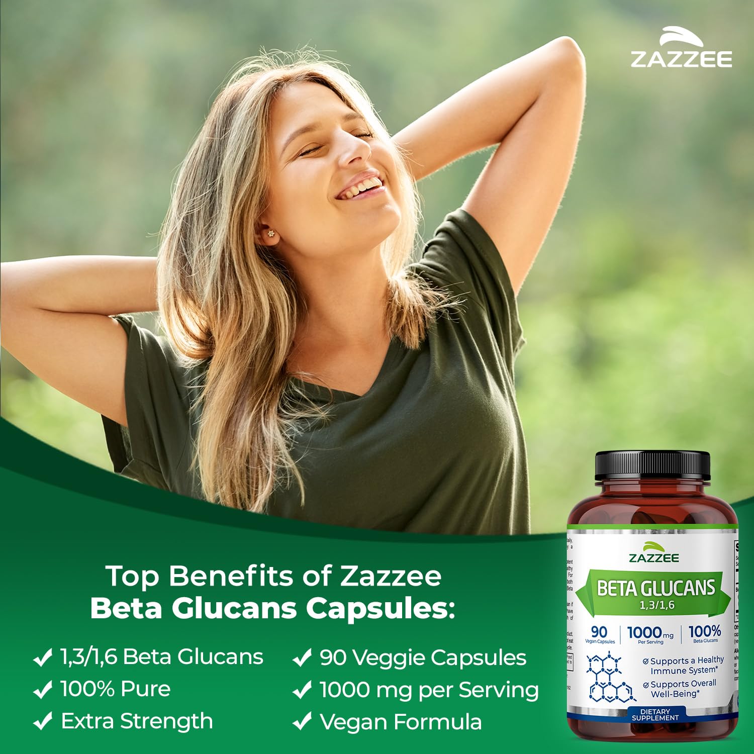 Zazzee Beta Glucans capsules pack showing a convenient 90-count bottle for daily use.