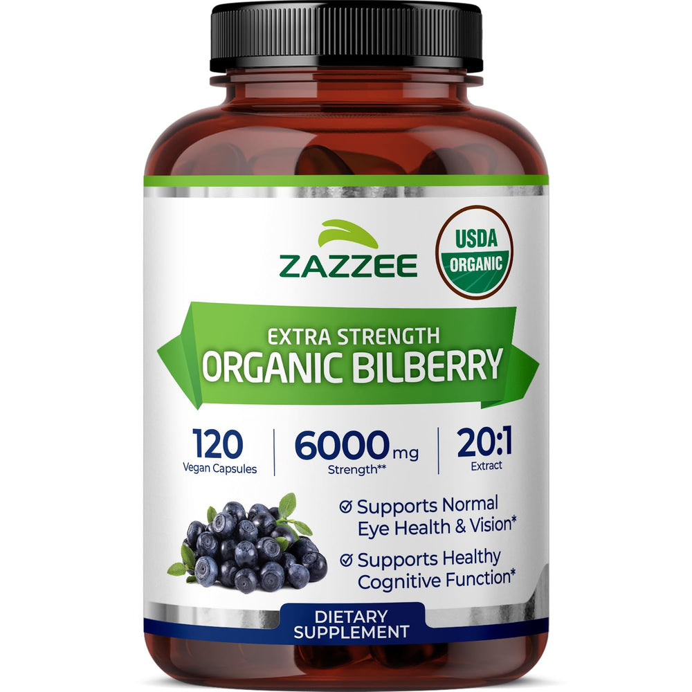 Zazzee bilberry extract bottle front highlights organic, potent 20:1 formula for daily use.