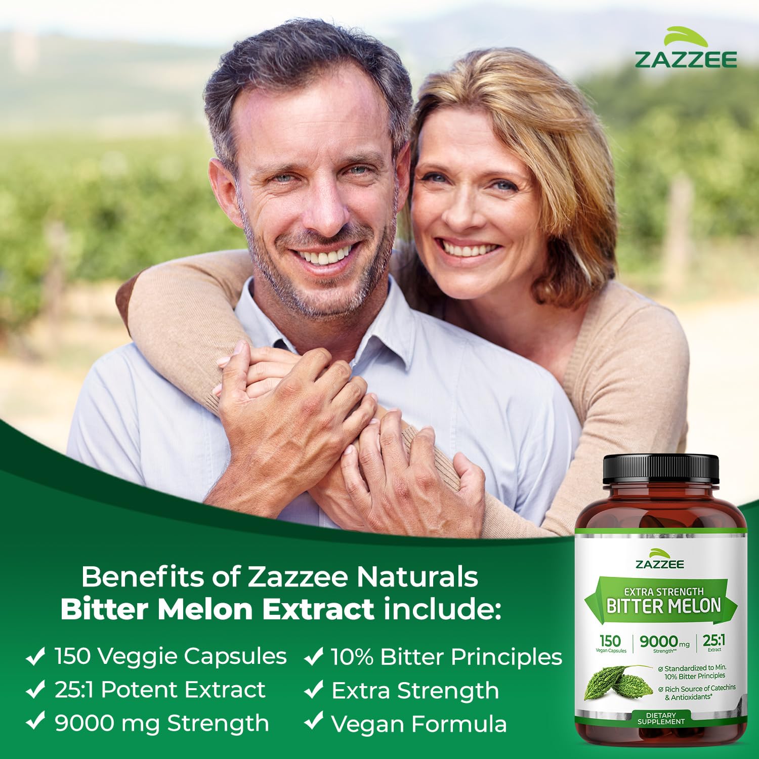 Zazzee Bitter Melon Extract label displaying 25:1 potency and 10% bitter principles.