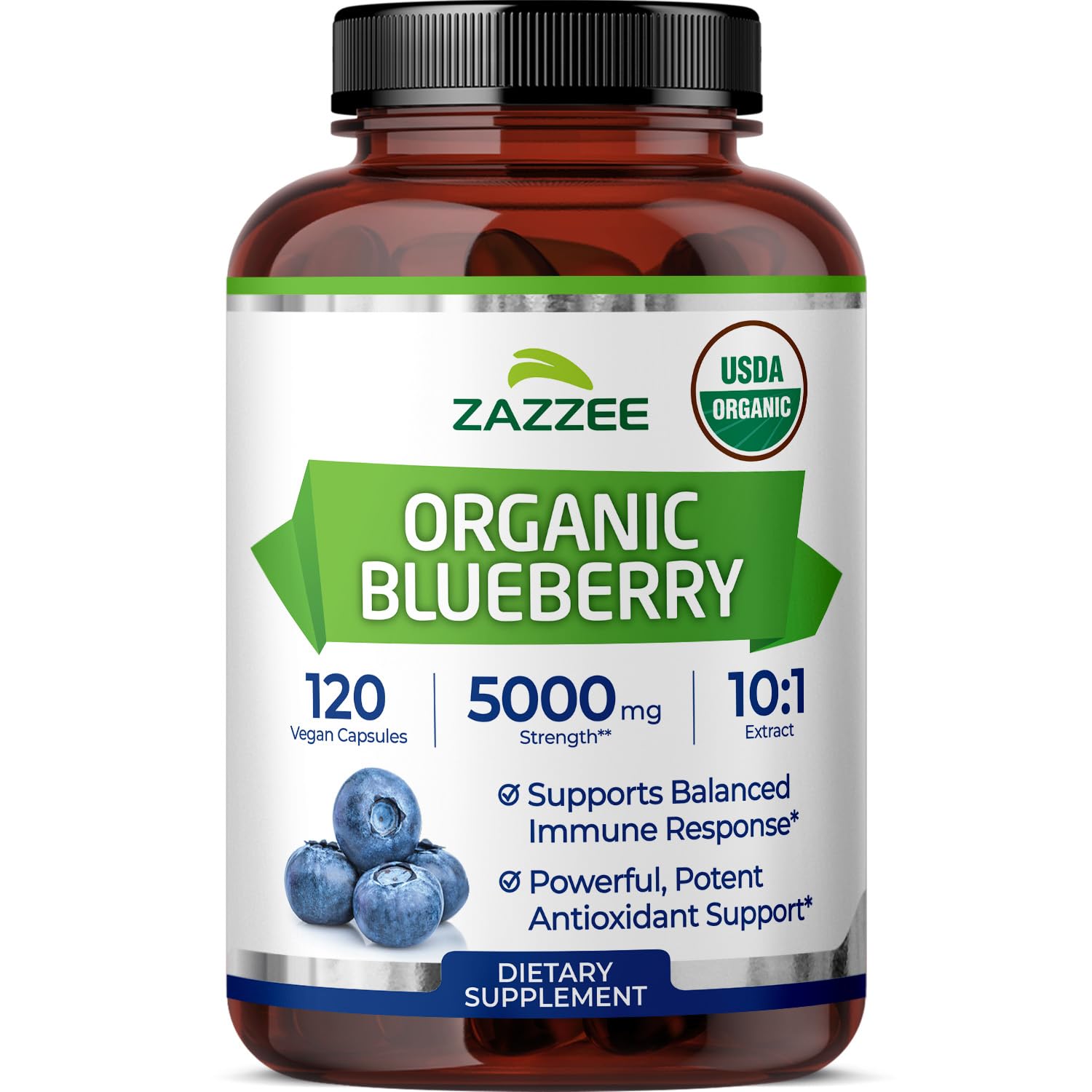 Zazzee Blueberry Extract bottle front shows 120 vegan capsules for daily wellness.