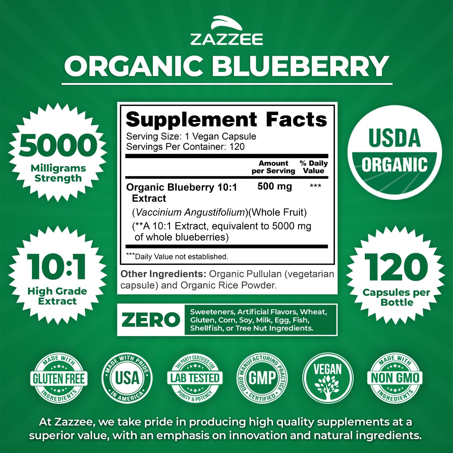 Zazzee Blueberry Extract bottle label highlights organic, non-GMO, and 5000 mg potency.
