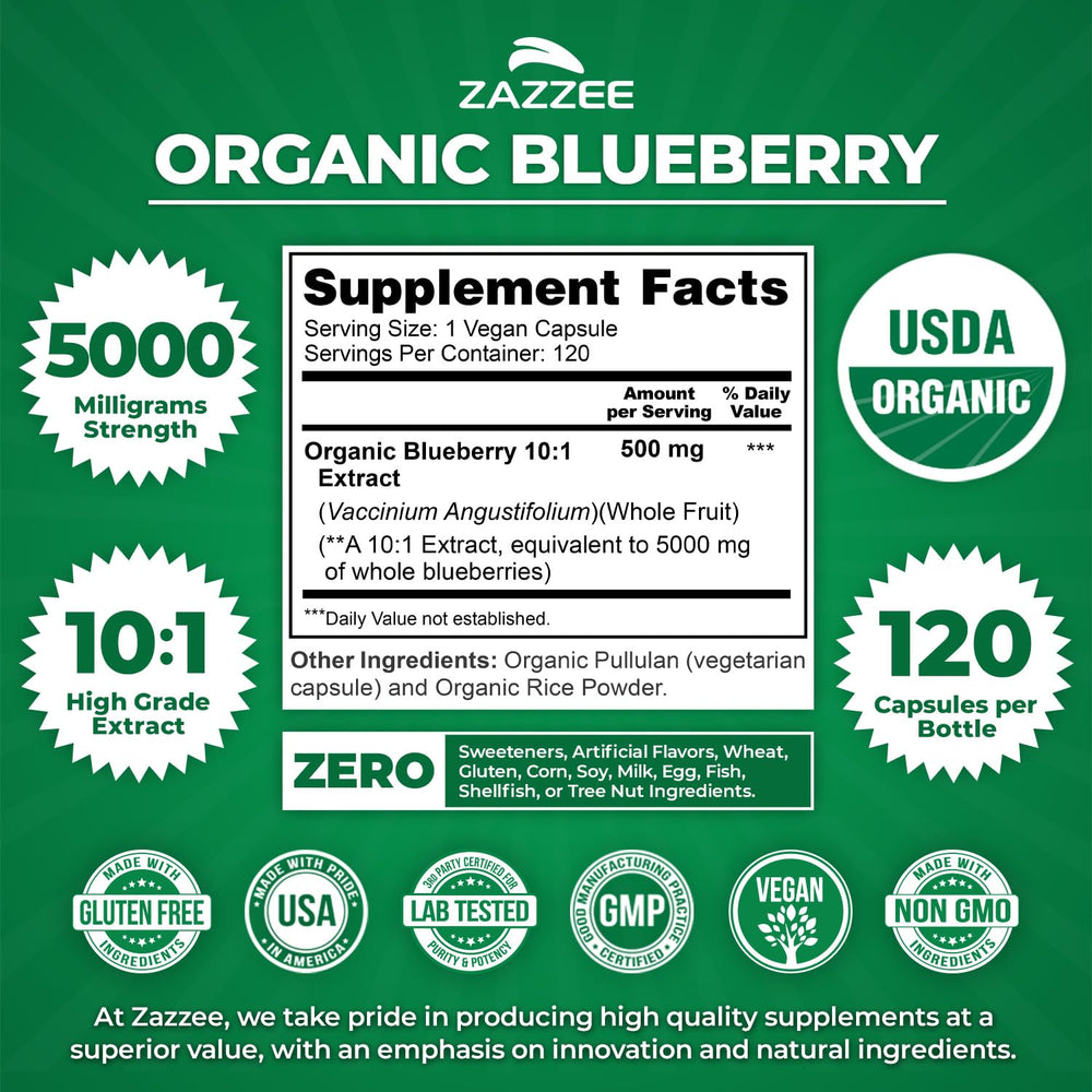 Zazzee Blueberry Extract bottle label highlights organic, non-GMO, and 5000 mg potency.