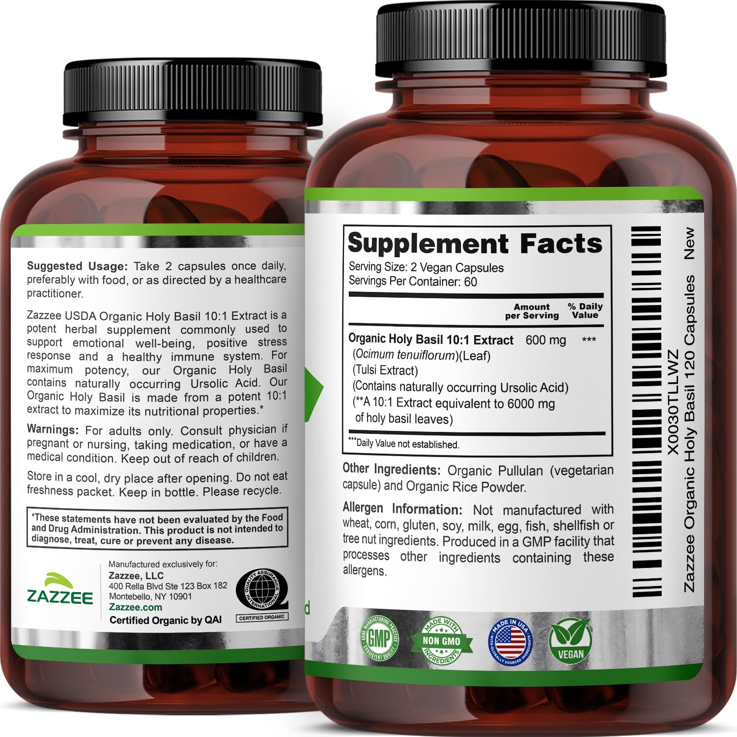 Zazzee bottle with cap open, easy-to-swallow capsules for daily use.