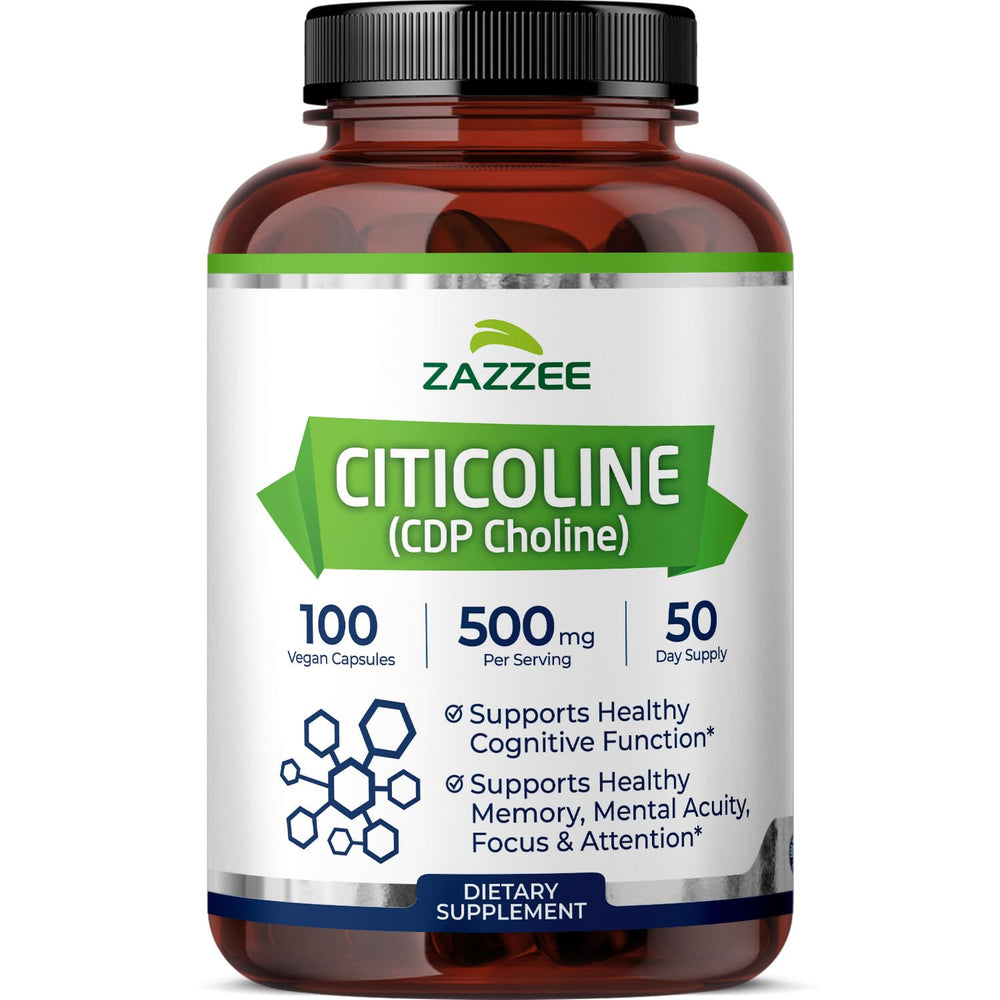 Zazzee Citicoline 500 mg bottle front highlights dosage for focused routines