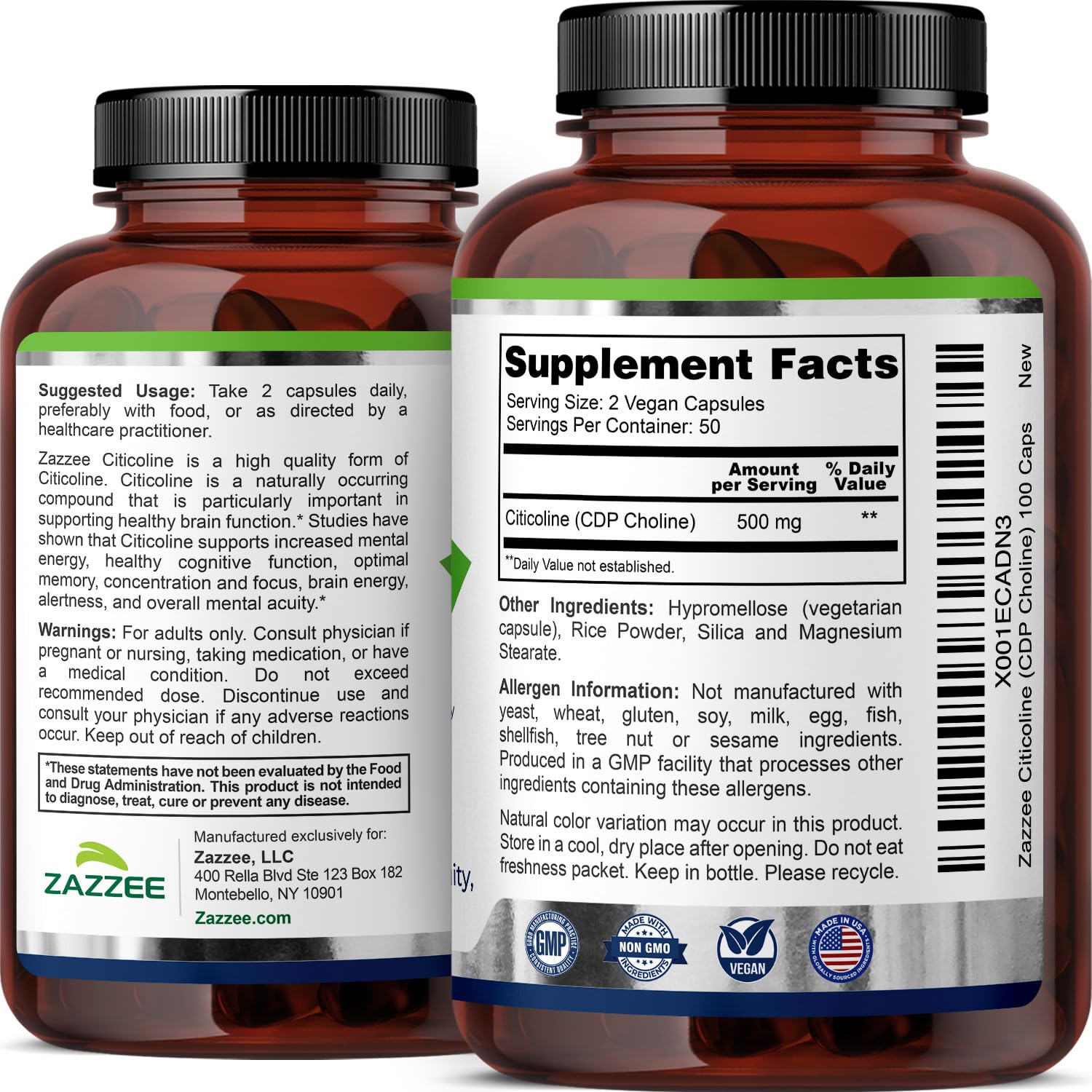 Zazzee Citicoline packaging highlights natural ingredients text