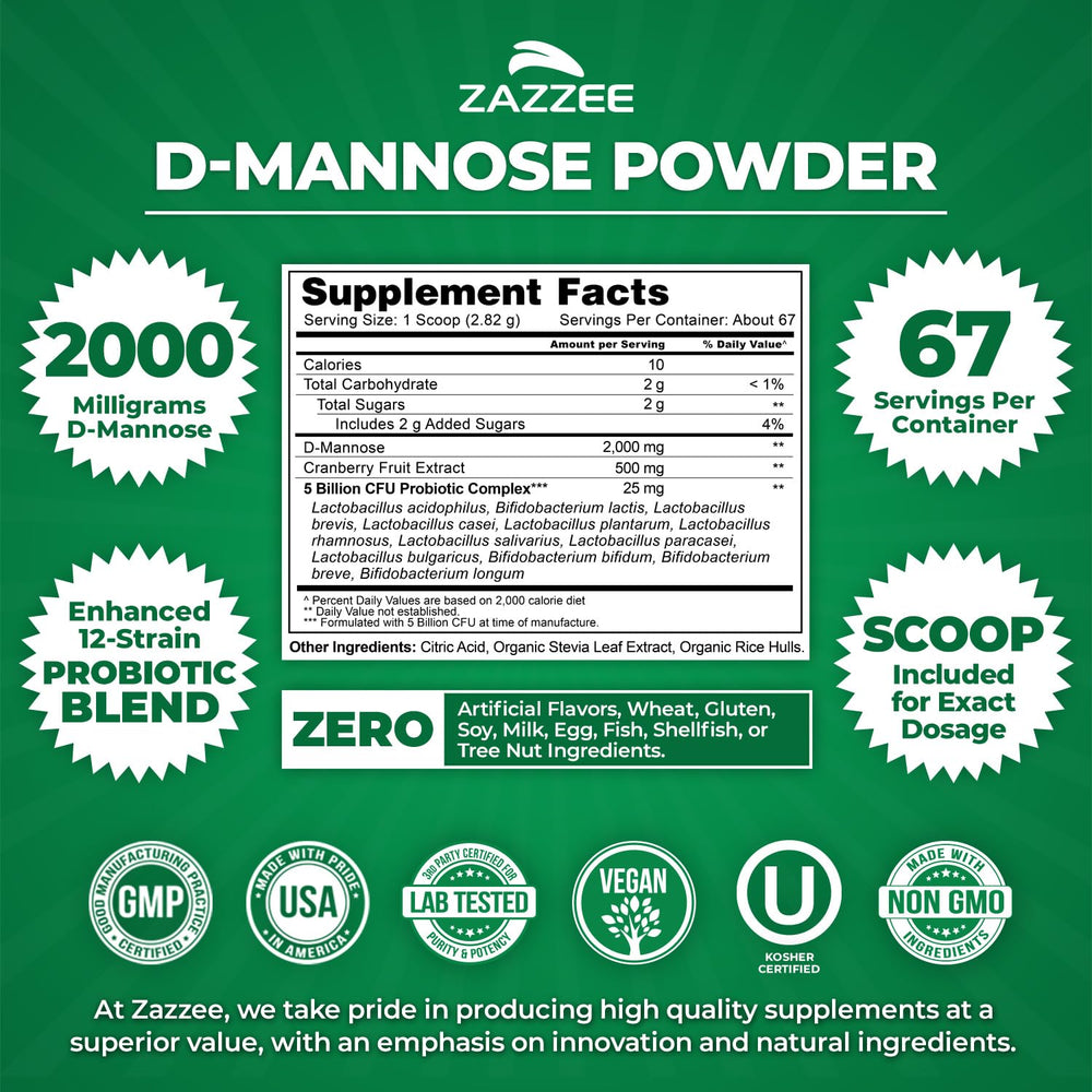 Zazzee D-Mannose Powder Plus cranberry extract scoop view ideal for urinary health support.