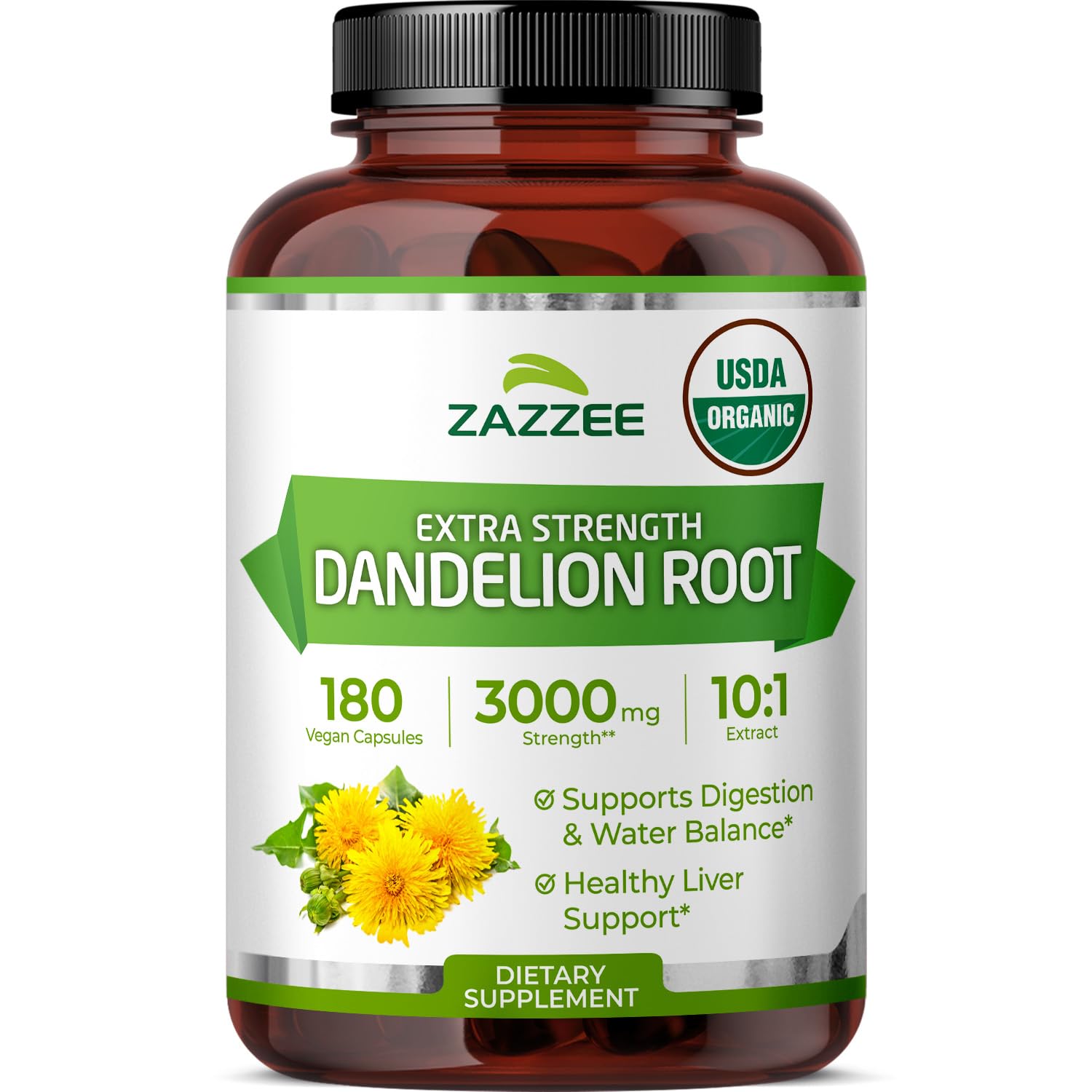 Zazzee Dandelion Root Extract bottle front highlights organic potency.