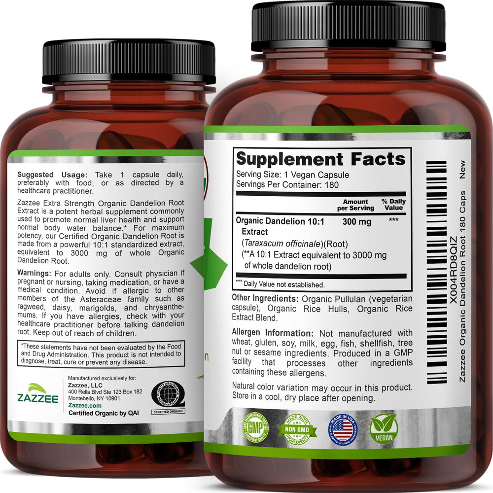 Close-up of Zazzee capsules beside dosage guide.